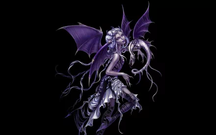 Fantasy HD PC desktop wallpaper depicting a dark angel with purple bat-like wings, intricate armor, and a mystical aura against a black background.