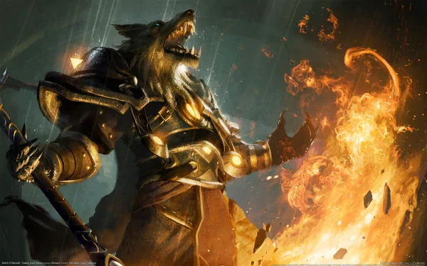 HD PC desktop wallpaper featuring a fierce armored wolf warrior unleashing fiery magic from the World of Warcraft: Trading Card Game.