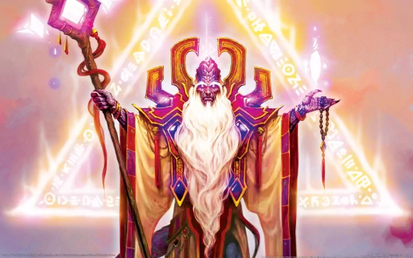 A vibrant HD desktop wallpaper featuring Velen, the Draenei character from World of Warcraft: The Burning Crusade, surrounded by magical symbols and energy.