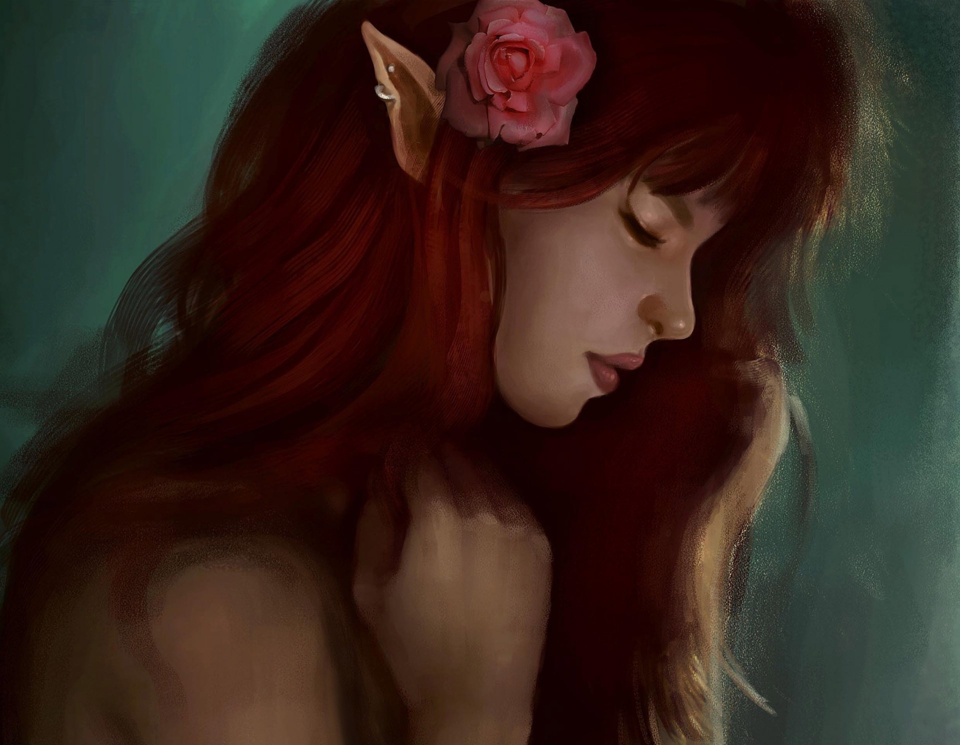 HD fantasy PC desktop wallpaper featuring a serene elf with long red hair, a pink flower, and delicate pointed ears against a soft, dark green background.