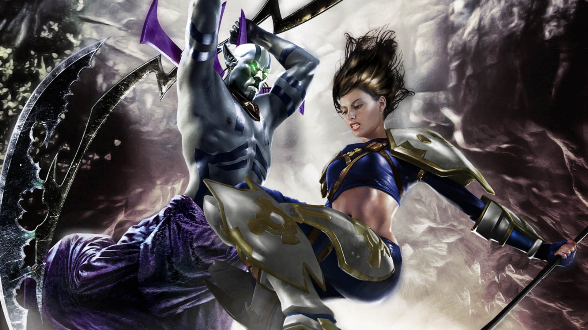 HD PC desktop wallpaper for the video game Dungeons & Dragons: Dragonshard depicting a fierce aerial clash between a horned fiend and an armored female warrior.