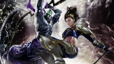 HD PC desktop wallpaper for the video game Dungeons & Dragons: Dragonshard depicting a fierce aerial clash between a horned fiend and an armored female warrior.