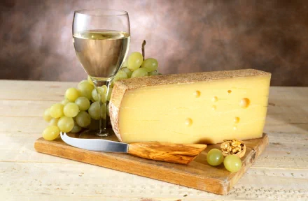 HD PC desktop wallpaper showing a wedge of cheese on a wooden board with green grapes, walnuts, a knife, and a glass of white wine in a rustic setting.