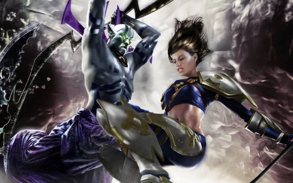 HD PC desktop wallpaper for the video game Dungeons & Dragons: Dragonshard depicting a fierce aerial clash between a horned fiend and an armored female warrior.