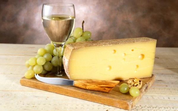 HD PC desktop wallpaper showing a wedge of cheese on a wooden board with green grapes, walnuts, a knife, and a glass of white wine in a rustic setting.