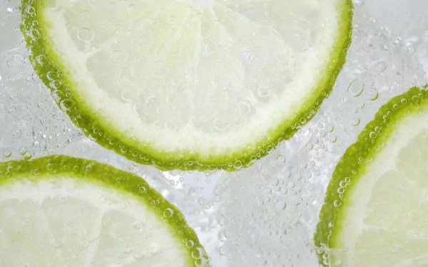 HD PC desktop wallpaper background showing a close-up food image of lime slices with bubbles in sparkling water.