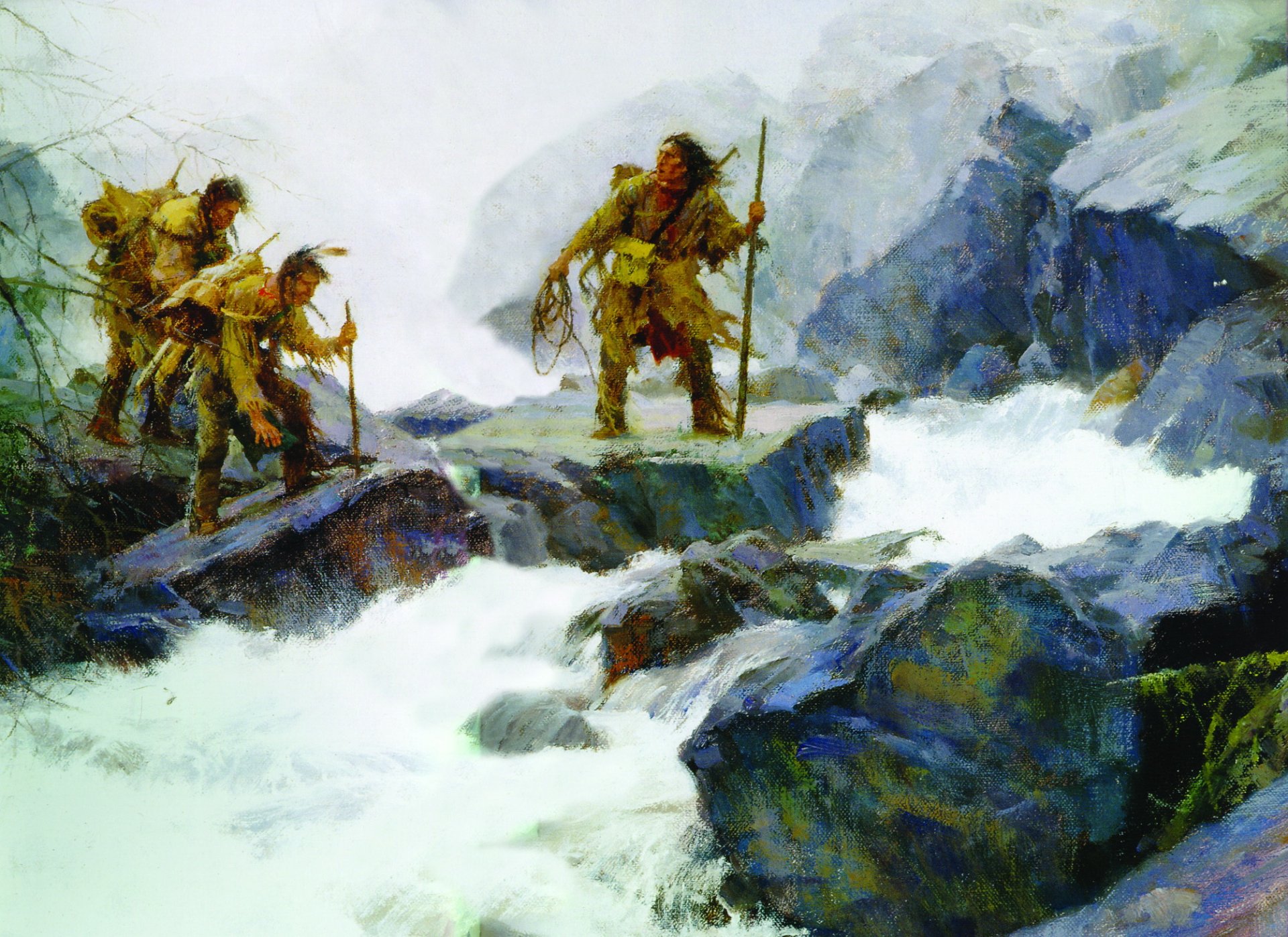 Artistic oil painting depicting three hikers navigating a rocky, rushing mountain stream, rendered as a vivid HD PC desktop wallpaper and background.