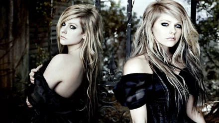 HD PC desktop wallpaper featuring Avril Lavigne with long blonde hair and dark eye makeup, set against a moody, gothic outdoor background, representing music and style.