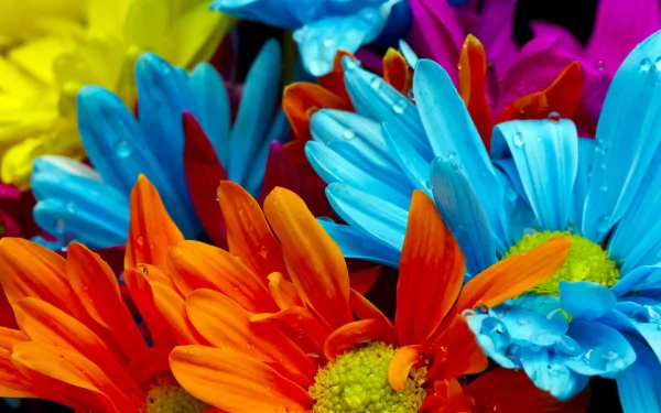 A vibrant display of pastel-colored flowers, featuring shades of blue, orange, and yellow, adorned with droplets of water, creating a beautiful nature-inspired background.