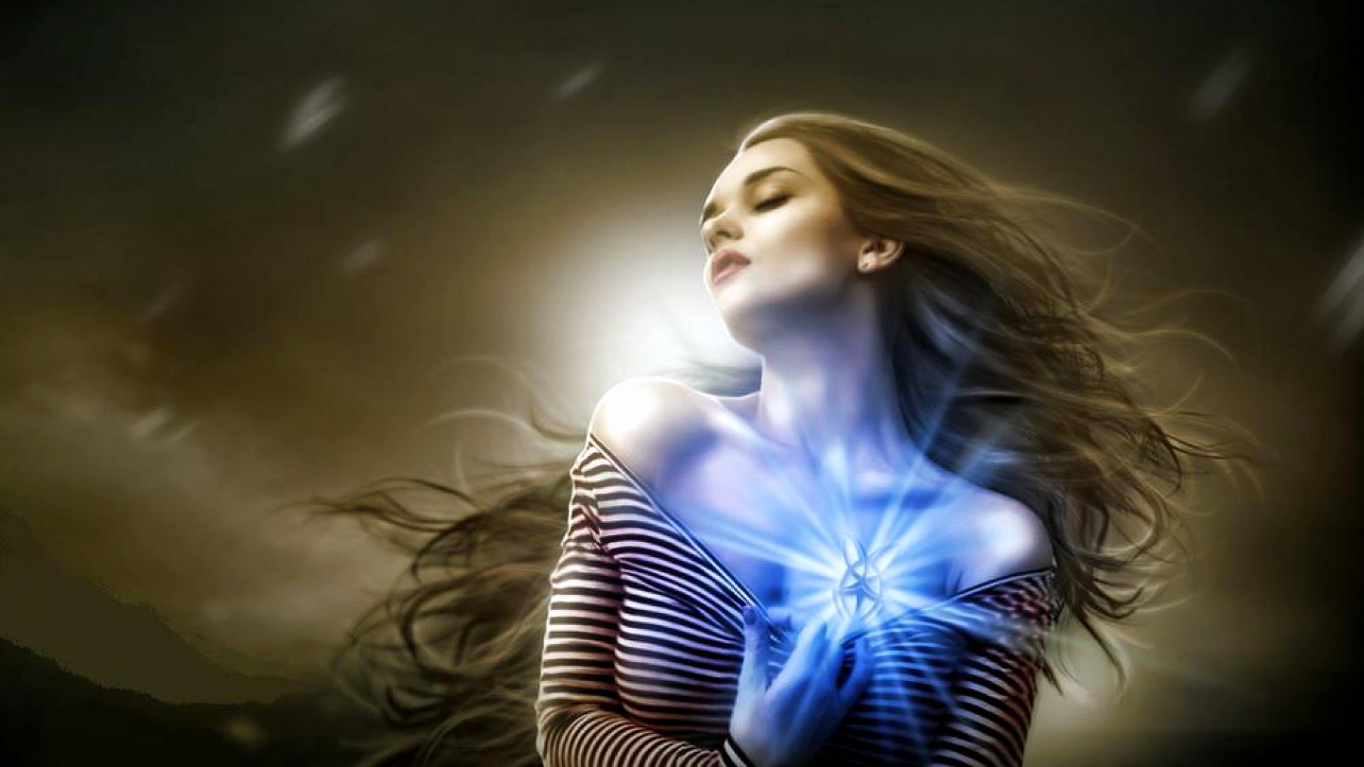 HD fantasy wallpaper featuring a woman with flowing hair, glowing blue light emanating from her chest, set against a dark, ethereal background.