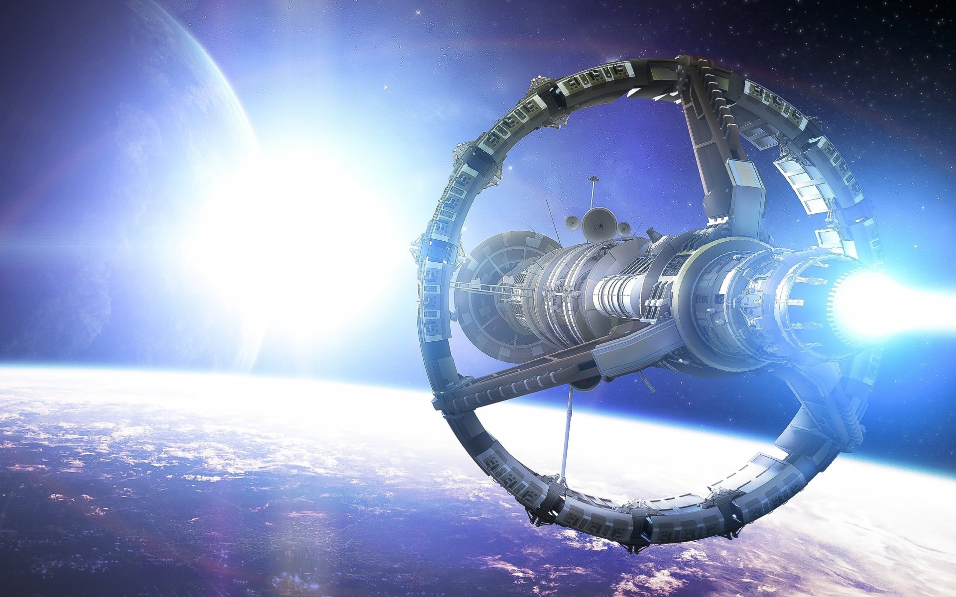 HD sci-fi desktop wallpaper featuring a detailed spaceship with glowing engines orbiting a planet against a starry space backdrop.