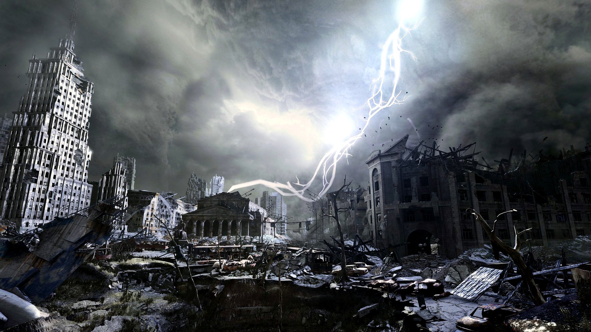 HD PC desktop wallpaper from the video game Metro: Last Light — lightning streaks across stormy skies above a ruined, snow-dusted post-apocalyptic cityscape.