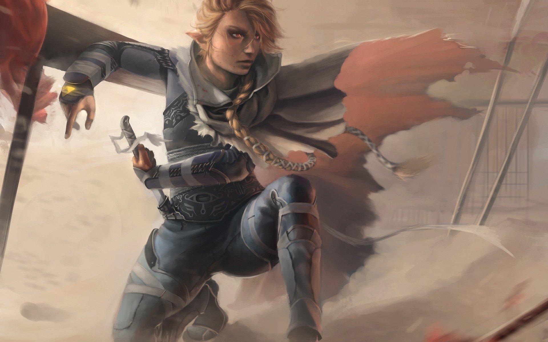 Sheik from the video game The Legend of Zelda: Ocarina of Time poised mid-leap, wind-torn cloak and mask, dramatic HD PC desktop wallpaper with muted desert tones.