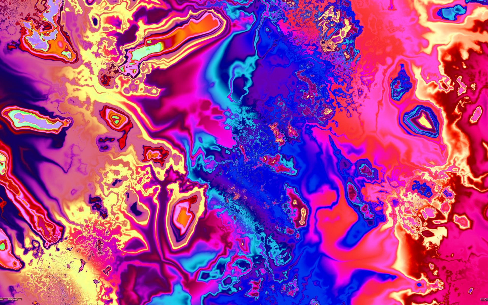 Vivid abstract color swirls in neon pink, blue, purple and gold — 2K Quad HD PC desktop wallpaper and background with fluid, marbled textures.