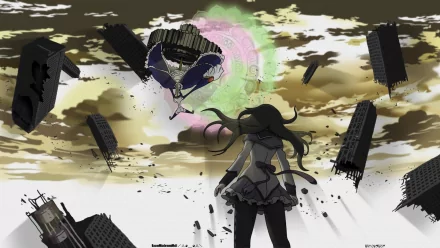 Homura Akemi from Puella Magi Madoka Magica stands amid a shattered, floating city under a surreal sky — anime HD PC desktop wallpaper/background.