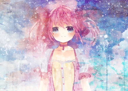HD anime wallpaper featuring Madoka Kaname from Puella Magi Madoka Magica, depicted in a soft, watercolor-style background blending pink and blue hues.