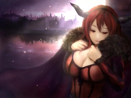 HD anime desktop wallpaper featuring a character from Maoyuu Maou Yuusha with red hair, horns, and a fur-lined cape against a soft, twilight landscape background.
