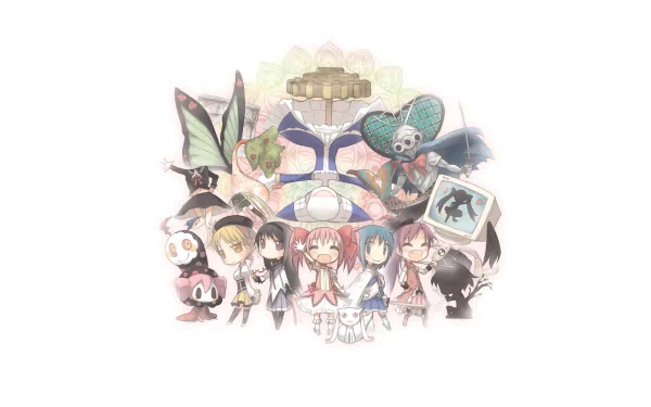 HD PC desktop wallpaper featuring chibi-style characters from Puella Magi Madoka Magica, including Madoka Kaname, Homura Akemi, Sayaka Miki, Mami Tomoe, Kyōko Sakura, and magical entities.