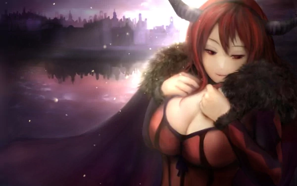 HD anime desktop wallpaper featuring a character from Maoyuu Maou Yuusha with red hair, horns, and a fur-lined cape against a soft, twilight landscape background.
