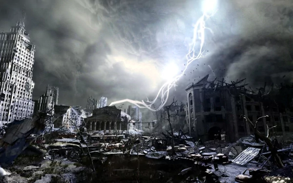HD PC desktop wallpaper from the video game Metro: Last Light — lightning streaks across stormy skies above a ruined, snow-dusted post-apocalyptic cityscape.