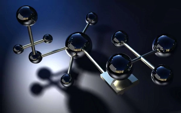 A striking HD desktop wallpaper featuring a molecular structure, blending themes of technology, physics, and chemistry against a sleek, dark background.