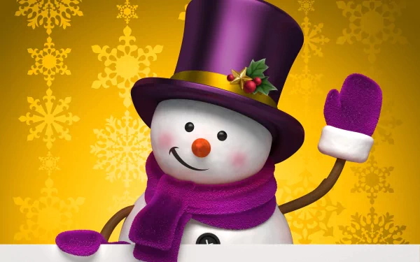 Cheerful snowman wearing a purple top hat and scarf, waving against a bright yellow background with snowflake patterns. A captivating artistic design for a 4K Ultra HD desktop wallpaper.