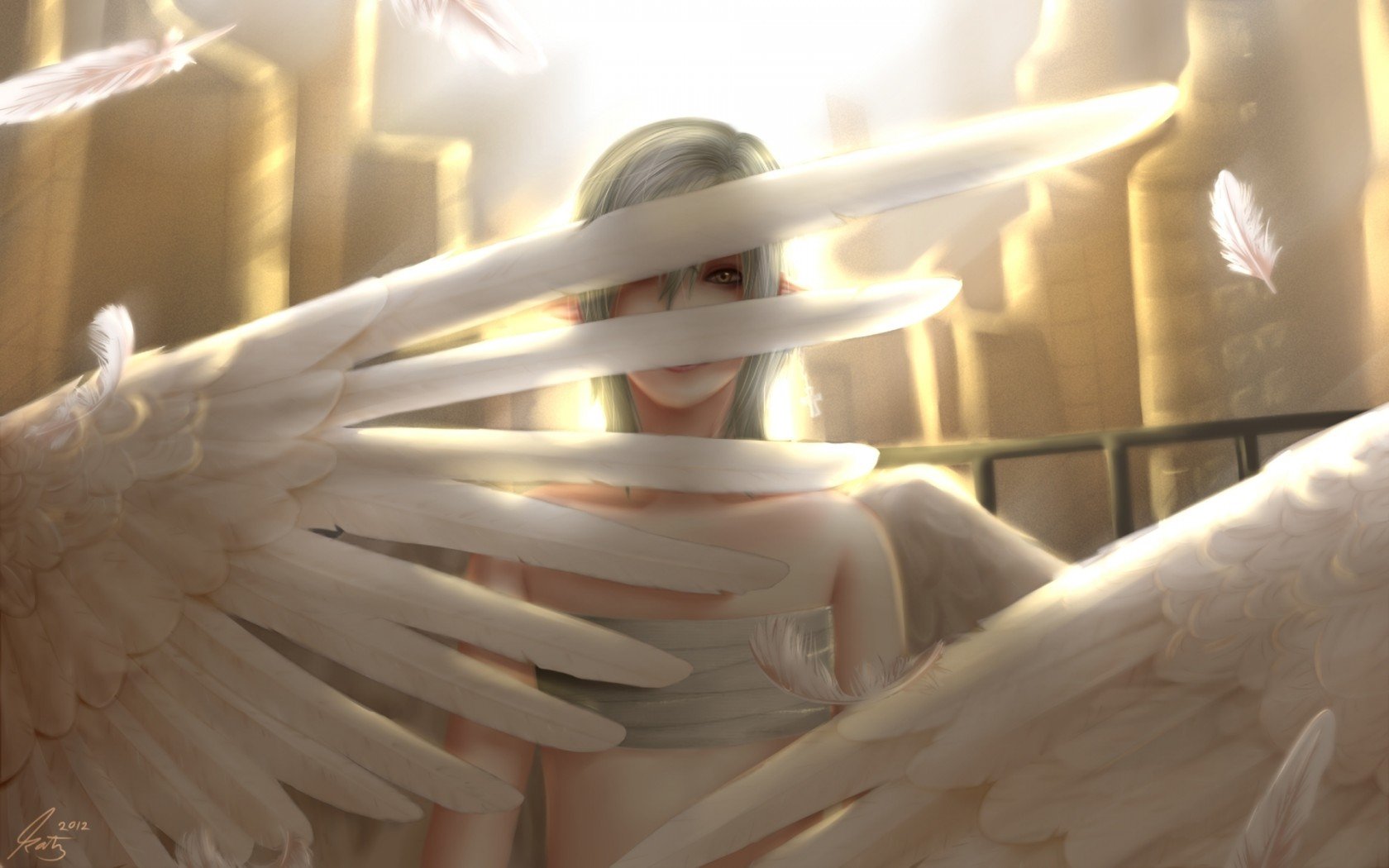 A captivating fantasy scene featuring a serene angel partially obscured by elegant wings, set against a luminous backdrop, making for an enchanting HD desktop wallpaper.