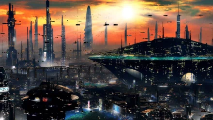 HD desktop wallpaper of a futuristic sci-fi city with towering skyscrapers, glowing lights, and flying vehicles against a sunset sky.