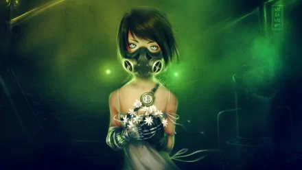 HD anime desktop wallpaper featuring a woman with short hair wearing a gas mask, set against a moody green background with glowing light effects.