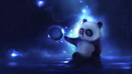 HD desktop wallpaper featuring a cute panda with a glowing blue orb in a dreamy, dark background.