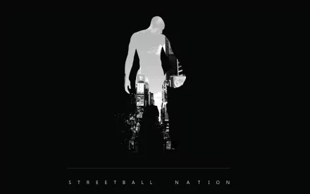 HD PC wallpaper featuring a streetball player silhouette with an urban cityscape overlay, highlighting the dynamic spirit of street basketball and sports culture.
