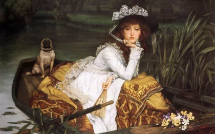 An oil painting features a woman in a white dress sitting thoughtfully in a boat, accompanied by a pug, surrounded by lush greenery, creating a serene and artistic desktop wallpaper.