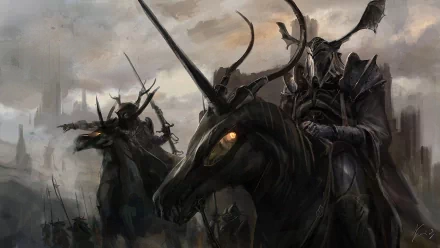 HD fantasy warrior wallpaper depicting dark armored riders with glowing eyes on horned horses in a misty, ominous battlefield setting.
