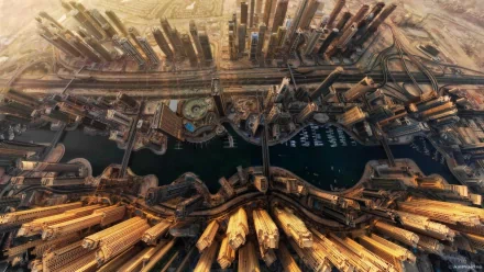 A stunning HD desktop wallpaper featuring an aerial view of the man-made marvels of Dubai, showcasing towering skyscrapers, intricate waterways, and urban development under the golden light of the setting sun.