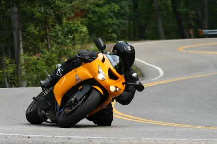 Orange Kawasaki Ninja ZX-10R motorcycle leaning into a winding forest road turn; high-detail 2K Quad HD PC desktop wallpaper and background, dynamic riding action.