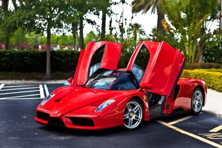 A striking Ferrari Enzo with its iconic doors open, showcased in a vibrant outdoor setting, serves as a captivating HD desktop wallpaper and background.