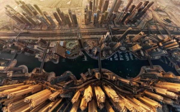 A stunning HD desktop wallpaper featuring an aerial view of the man-made marvels of Dubai, showcasing towering skyscrapers, intricate waterways, and urban development under the golden light of the setting sun.