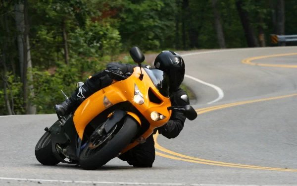 Orange Kawasaki Ninja ZX-10R motorcycle leaning into a winding forest road turn; high-detail 2K Quad HD PC desktop wallpaper and background, dynamic riding action.