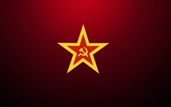 HD desktop wallpaper featuring a man-made design of a yellow communist star with a hammer and sickle emblem on a red gradient background.