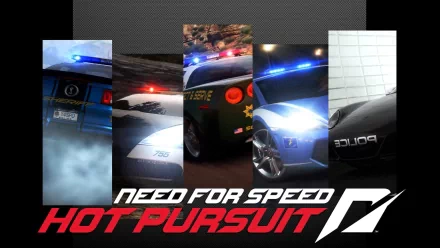HD PC desktop wallpaper featuring intense police car chase scenes from the video game Need For Speed: Hot Pursuit, highlighting high-speed action and flashing lights.