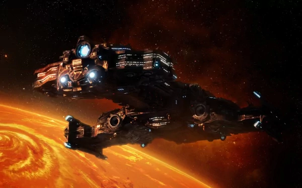 HD PC desktop wallpaper featuring a spaceship from the video game Starcraft II: Wings of Liberty against a fiery planetary backdrop.