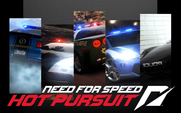 HD PC desktop wallpaper featuring intense police car chase scenes from the video game Need For Speed: Hot Pursuit, highlighting high-speed action and flashing lights.