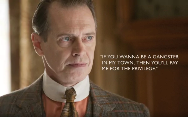 HD PC desktop wallpaper featuring a scene from the TV show Boardwalk Empire with a character delivering a gangster-themed quote.