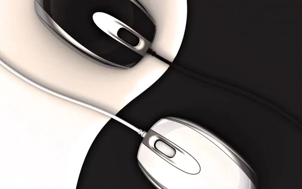 HD PC desktop wallpaper showing black and white computer mice arranged in a yin-yang composition with interlacing cords — technology mouse theme.