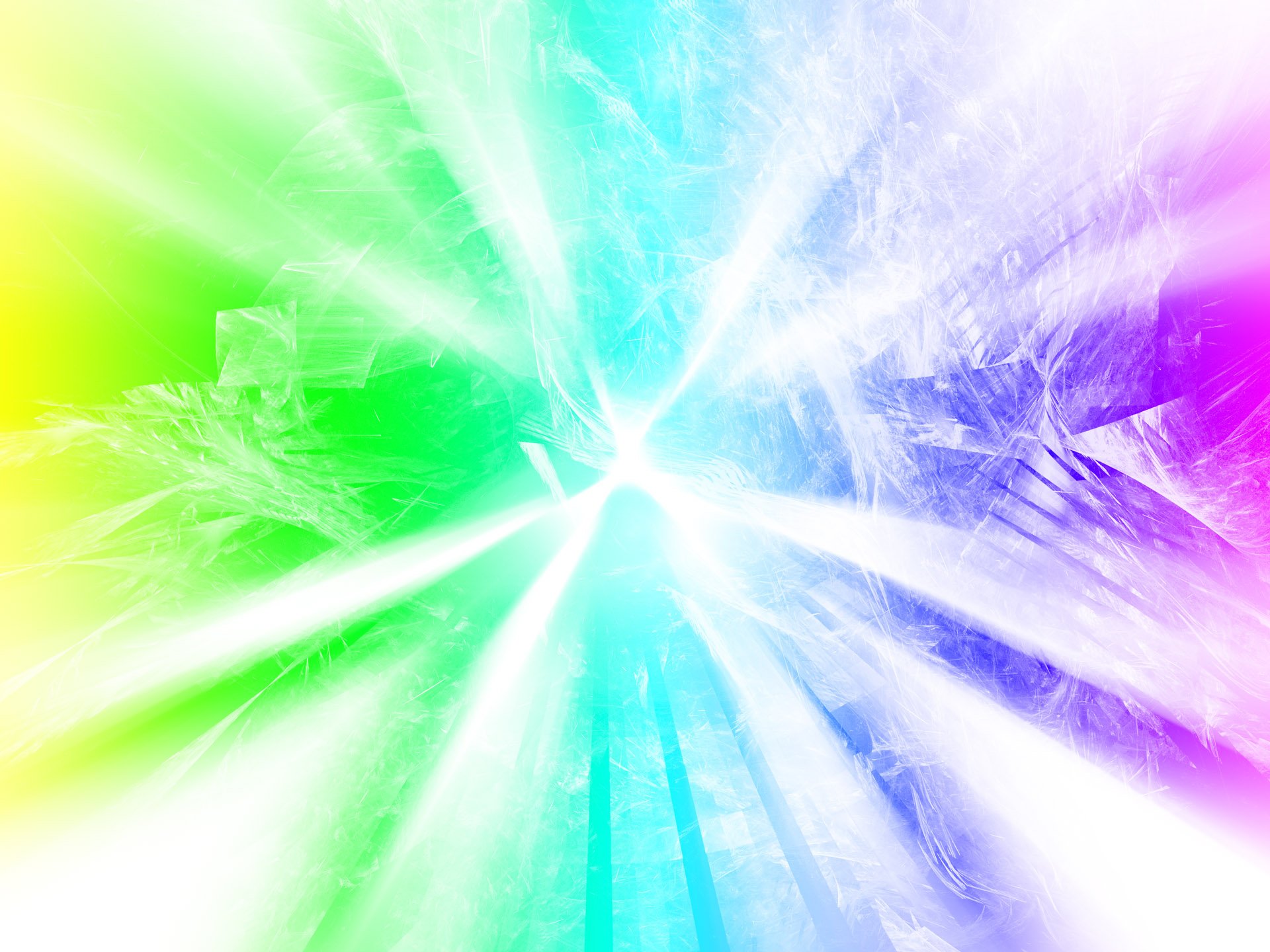 Abstract colorful HD PC desktop wallpaper/background with a bright white center and radiating green, cyan, blue and magenta crystalline light streaks.