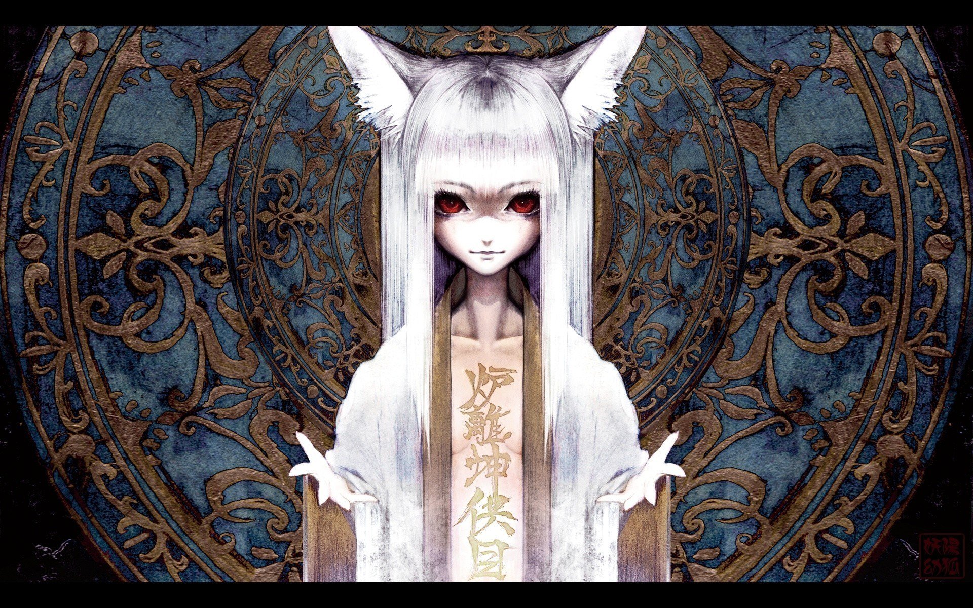 Gothic anime girl with white animal ears and long hair stands against an ornate, dark blue and gold background in this HD PC desktop wallpaper.