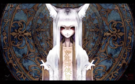 Gothic anime girl with white animal ears and long hair stands against an ornate, dark blue and gold background in this HD PC desktop wallpaper.