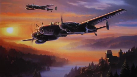 HD desktop wallpaper featuring two military aircraft flying over a misty forest landscape at sunset.