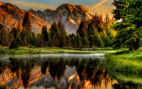HD desktop wallpaper of a serene river flowing through a lush green forest with majestic mountains in the background, all beautifully reflected in the water, captured in HDR.