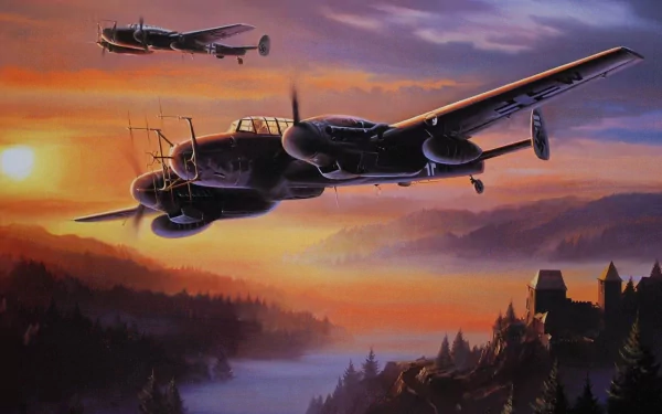 HD desktop wallpaper featuring two military aircraft flying over a misty forest landscape at sunset.